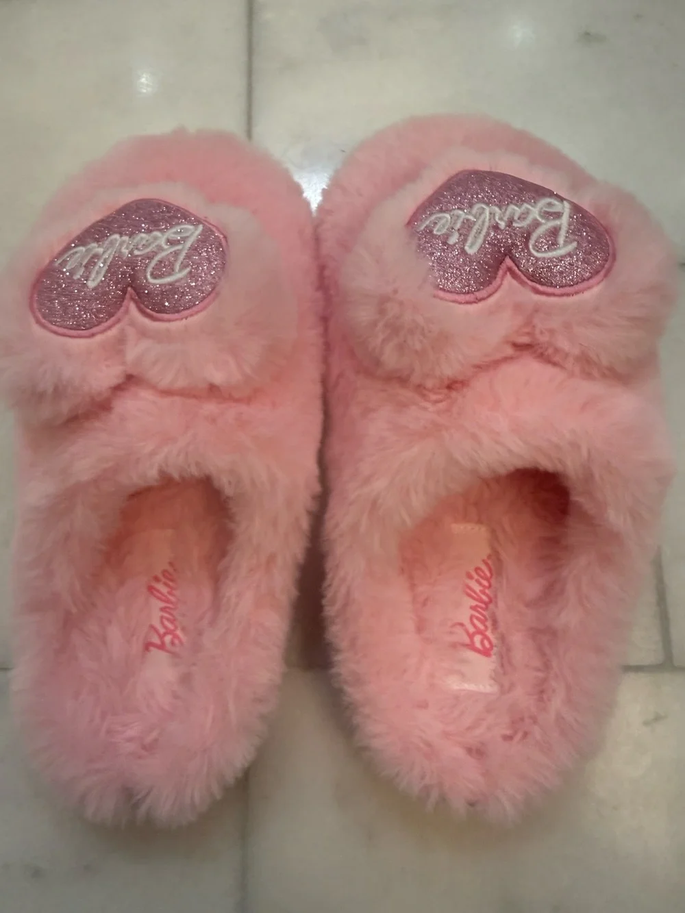 Barbie Pink Fuzzy Heart Slip-On Slippers. EUC.